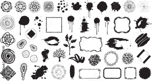 Abstract Black Ink Brush Strokes, Splatters, Frames, and Decorative Elements Collection