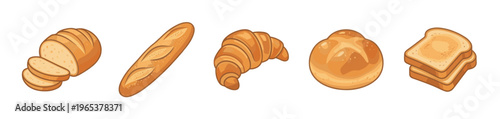 A colorful vector illustration featuring a variety of baked bread products, including sliced bread, baguette, croissant, bun, and toast on a white background.