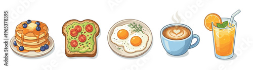 A vibrant collection of breakfast icons includes pancakes, avocado toast, fried eggs, coffee, and orange juice, presented in a clean, stylized illustration style.