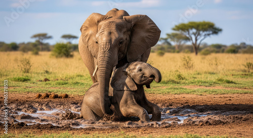 Elephant and Calf Enjoying a Mud Bath in the African Savannah.