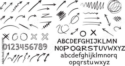 A diverse collection of hand-drawn graphic elements including arrows, scribbles, letters, and numbers, perfect for design projects needing a sketched or informal aesthetic.