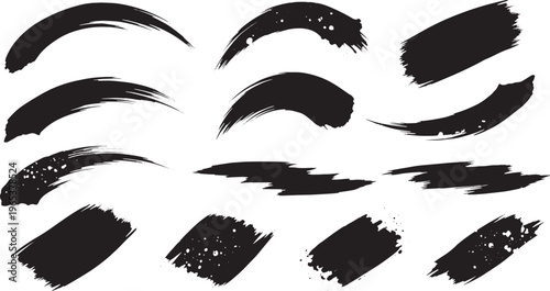 collection of isolated black ink brush strokes on white background for creative design elements