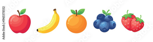 A colorful collection of cartoon-style fruits, including an apple, banana, orange, blueberries, and strawberries, isolated on a clean white background.