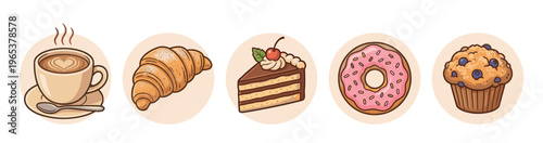 A whimsical illustration collection featuring a latte, croissant, chocolate cake slice, pink iced donut, and blueberry muffin, presented as isolated icons.