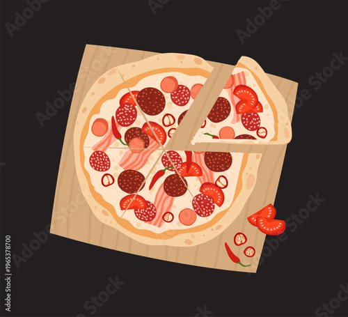 Delicious sliced ​​crispy Italian pizza for spicy and meat lovers. Fast food and food delivery banner design. Vector illustration on black background.