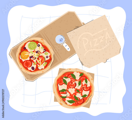 Vegetable pizza with fresh tomatoes, bell peppers, olives and melted cheese. Open and closed pizza pack. Vector illustration for restaurant meal delivery card design, vegetarian fast food promo.