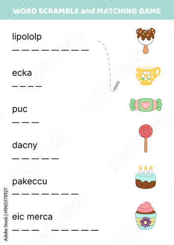 Sweets, candy, cake. Word scramble and matching game. English words. Sort letters into correct order. Cartoon, Isolated vector illustration eps 10