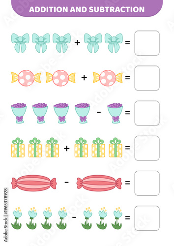 Addition and subtraction. Gifts and flowers. Solve the problem. Educational preschool game for kids. Cartoon, isolated vector illustration eps 10