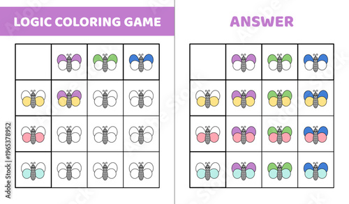 Logic coloring game with butterflies. Color the butterfly in correct color. Activity for kids in kindergarten and preschool. Isolated vector illustration eps 10
