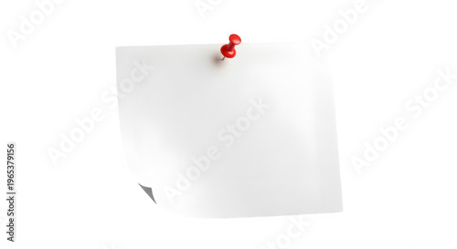 Blank paper sheet pinned with a red thumbtack on a white background, representing a note, reminder, or memo