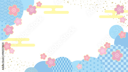 動画・広告用 さわやかな水色の和柄と桜の和風フレーム背景 春のデザイン