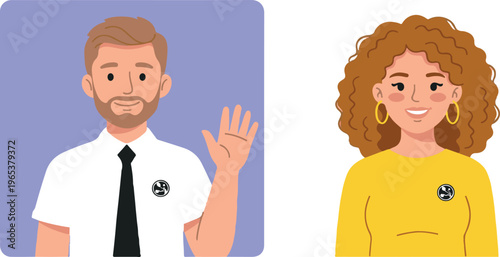 An animated man and woman with friendly expressions standing side by side in a graphic illustration
