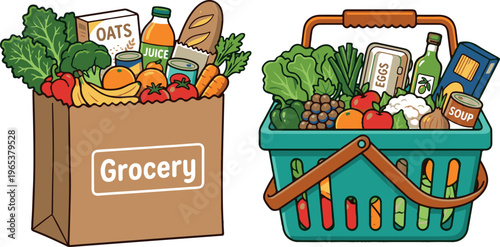 An illustration of a grocery bag and basket filled with various fresh produce and food items on a white background