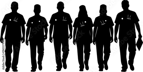 Diverse medical team walking, silhouettes with stethoscopes vector illustration