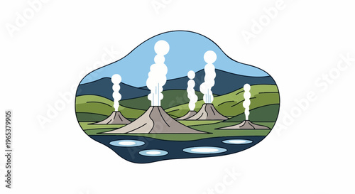 Geothermal landscape with smoking volcanoes and blue water pools