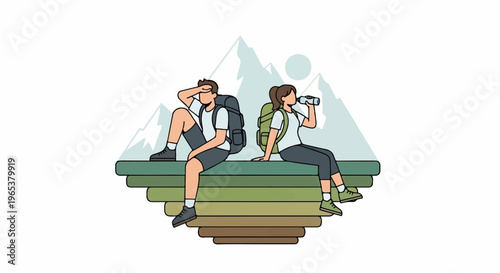 Hikers resting with backpacks amidst stylized mountains and layered ground