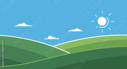 A bright, sunny day over rolling green hills with fluffy white clouds