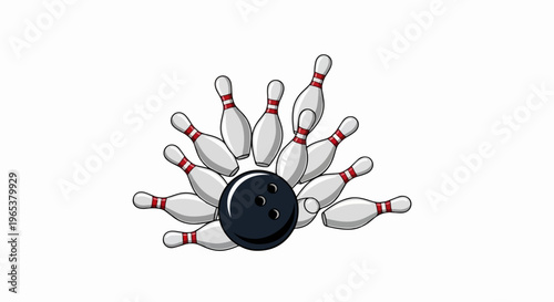 A bowling ball is about to strike a formation of white pins
