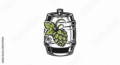 Illustration of a beer keg with a hop flower and leaves
