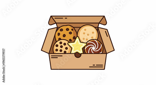 A brown box filled with assorted round cookies, including chocolate chip cookies, plain cookies, and a swirled cookie. A yellow star-shaped cookie is placed in the center of the box