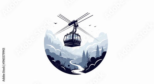 A cable car travels over a foggy mountainous landscape with a river