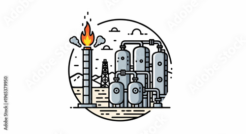 Industrial processing facility with flare stack, tanks, and pipelines within a circle
