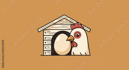 A cartoon chicken with a large egg in a wooden coop