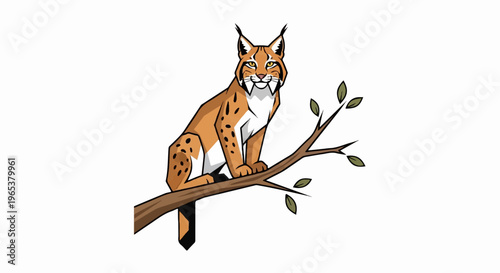 A cartoon lynx sits on a brown tree branch with green leaves