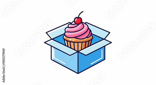 A cartoonish cupcake with pink frosting and a cherry sits in a blue box