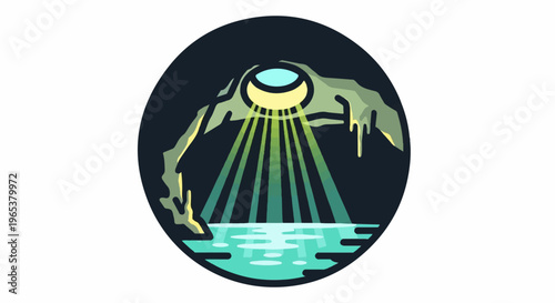 Light beams illuminate cave opening over calm water