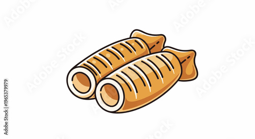 A cartoonish drawing depicts two golden-brown, cylindrical food items with a grilled appearance