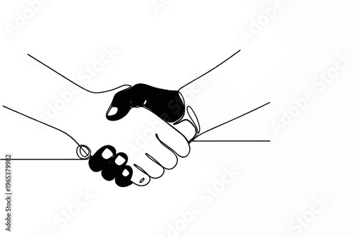 Minimalist line art shows two hands shaking in agreement