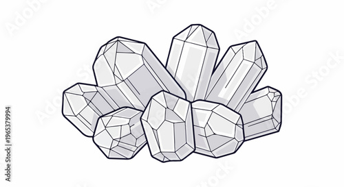A cluster of geometric, faceted crystals in shades of grey