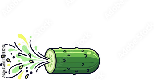 A cartoon pickle squirting out liquid and seeds