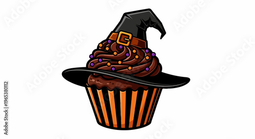 A chocolate cupcake with dark frosting, adorned with purple and orange sprinkles, wears a witch's hat