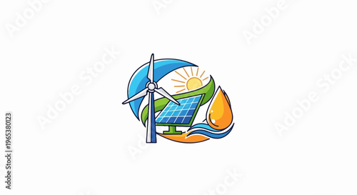 Renewable energy symbols wind, solar, water, sun, and leaf