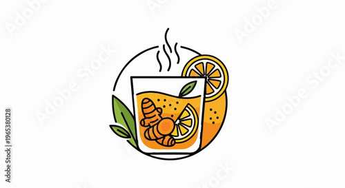 Refreshing hot ginger turmeric citrus beverage with lemon slices and steam