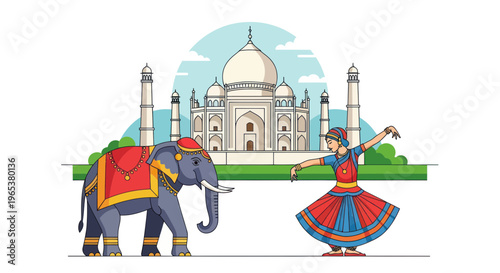 Indian Dancer Performs Near Taj Mahal with Decorated Elephant