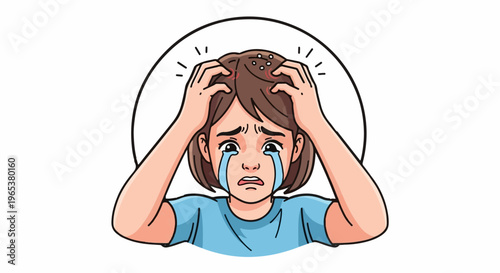Young girl cries in distress scratching head with white dots and red irritation