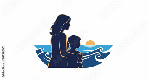 Silhouette of a mother with her son embracing by the ocean at sunset