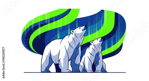 Polar Bears Under Aurora Borealis with Stock Market Chart