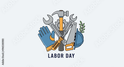A collection of labor-related tools, including a hard hat and gloves, celebrate labor