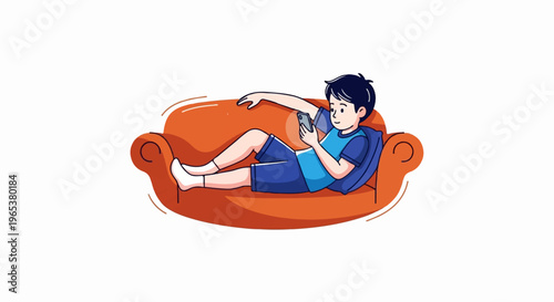 Young boy relaxing on an orange couch, engrossed in his smartphone