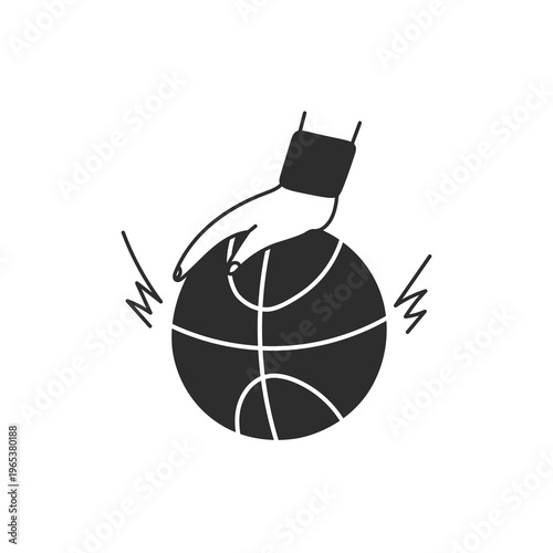 Basketball Dribbling Hand Doodle. Player palm gesture bouncing ball in motion with expressive outline style for sport action scenes. Drawn vector illustration