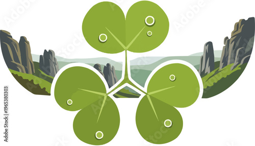 Stylized green leaves with dew drops against a mountainous landscape