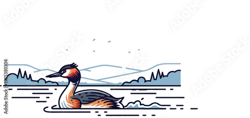 Stylized bird with orange face swims on water with abstract background