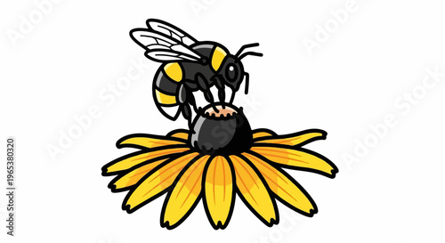 Stylized bumblebee collecting nectar from a yellow flower