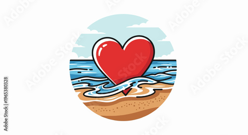 A red heart floats in the ocean waves at a sandy beach under a cloudy sky