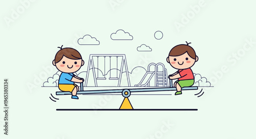 Two cartoon children on a seesaw with playground equipment