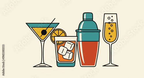 A retro illustration of assorted alcoholic beverages with a shaker